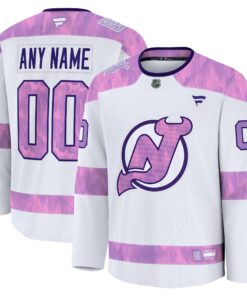 Men's New Jersey Devils Fanatics White 2024 Hockey Fights Cancer Custom Practice Jersey