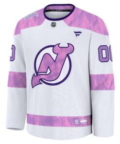 Men's New Jersey Devils Fanatics White 2024 Hockey Fights Cancer Custom Practice Jersey