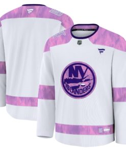 Men's New York Islanders Fanatics White 2024 Hockey Fights Cancer Practice Jersey