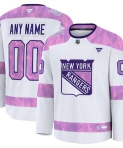 Men's New York Rangers Fanatics White 2024 Hockey Fights Cancer Custom Practice Jersey