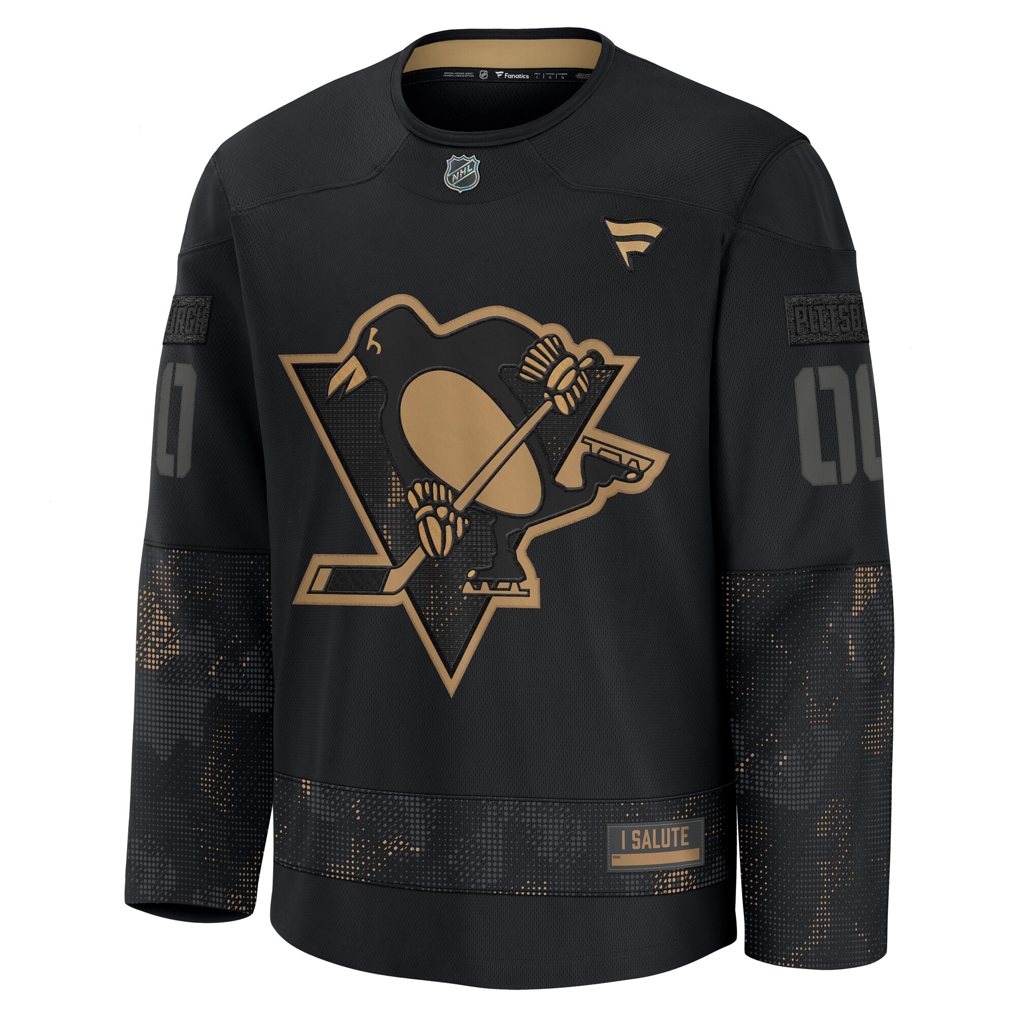 Men's Pittsburgh Penguins Fanatics Black 2024 Military Appreciation Personalized Long Sleeve Practice Jersey
