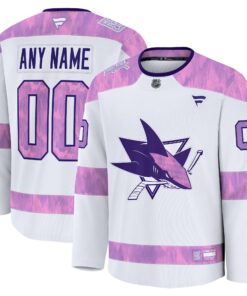 Men's San Jose Sharks Fanatics White 2024 Hockey Fights Cancer Custom Practice Jersey