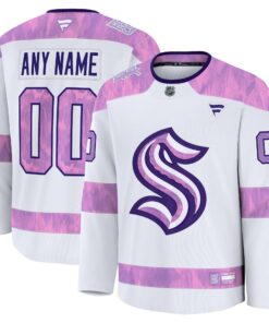 Men's Seattle Kraken Fanatics White 2024 Hockey Fights Cancer Custom Practice Jersey