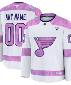 Men's St. Louis Blues Fanatics White 2024 Hockey Fights Cancer Custom Practice Jersey