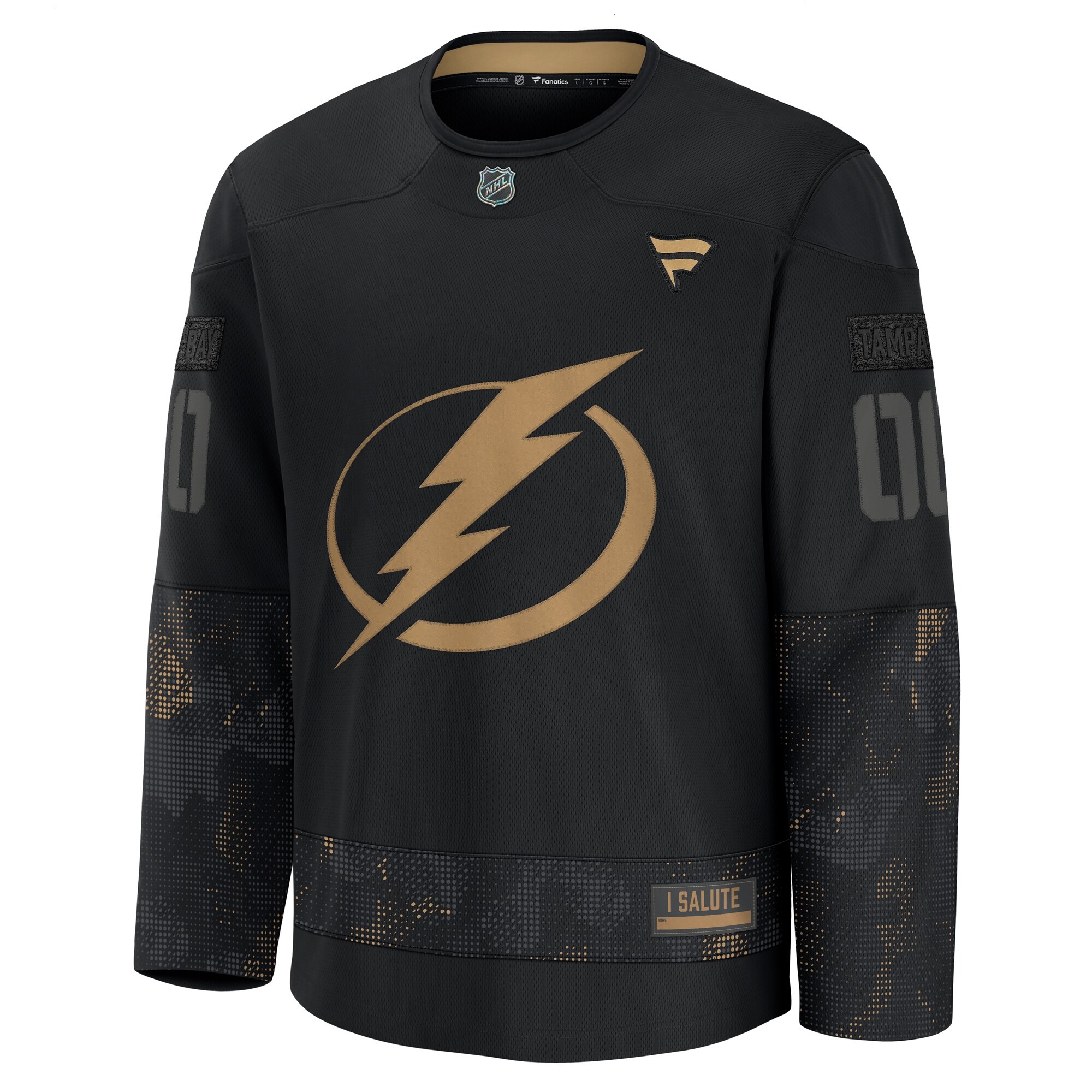 Men's Tampa Bay Lightning Fanatics Black 2024 Military Appreciation Personalized Long Sleeve Practice Jersey