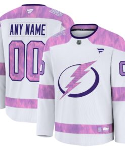 Men's Tampa Bay Lightning Fanatics White 2024 Hockey Fights Cancer Custom Practice Jersey