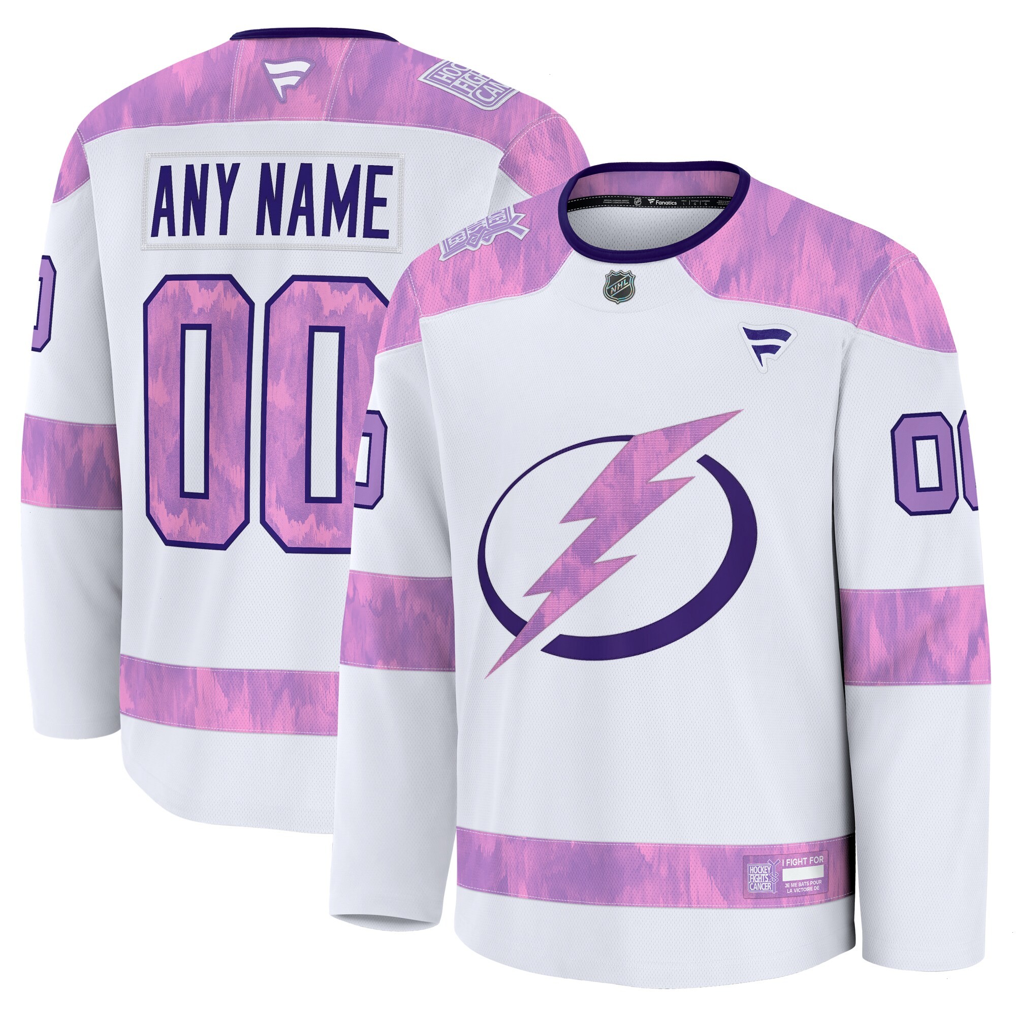 Men's Tampa Bay Lightning Fanatics White 2024 Hockey Fights Cancer Custom Practice Jersey