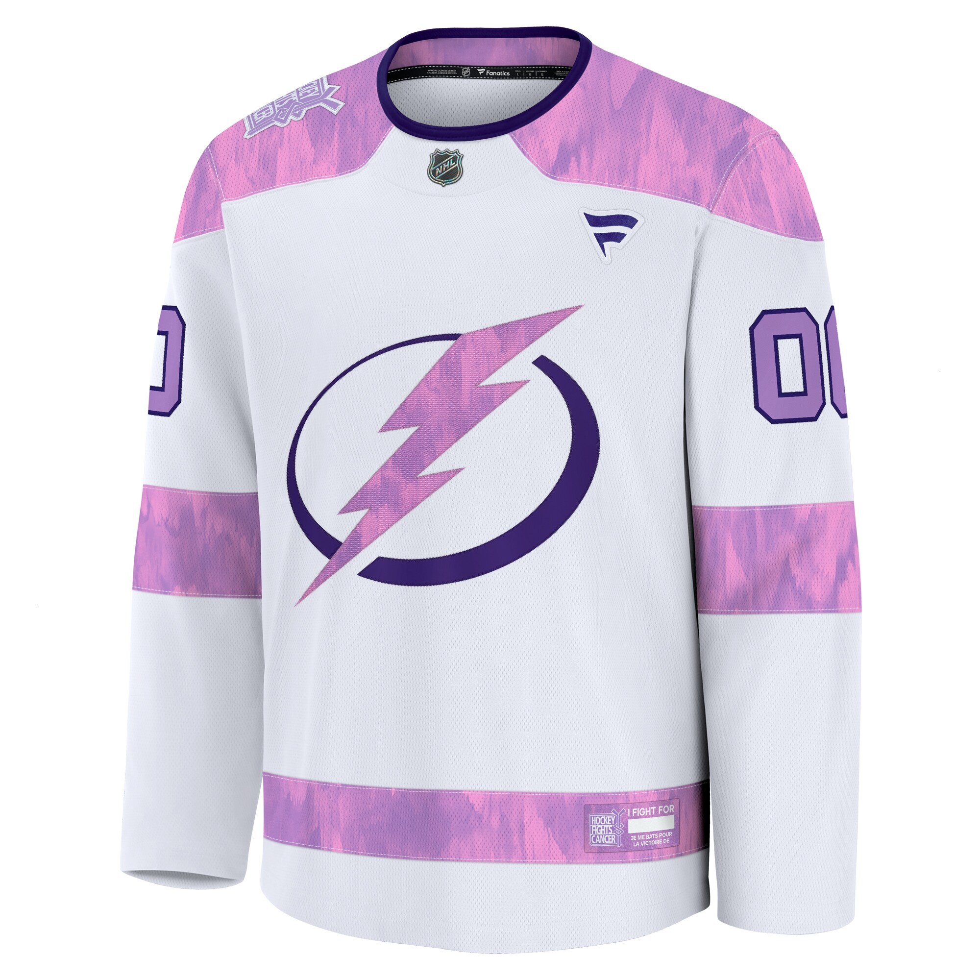 Men's Tampa Bay Lightning Fanatics White 2024 Hockey Fights Cancer Custom Practice Jersey