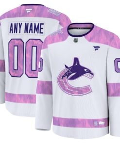 Men's Vancouver Canucks Fanatics White 2024 Hockey Fights Cancer Custom Practice Jersey