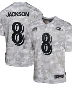 Youth Baltimore Ravens Lamar Jackson Nike Arctic Camo 2024 Salute to Service Game Jersey