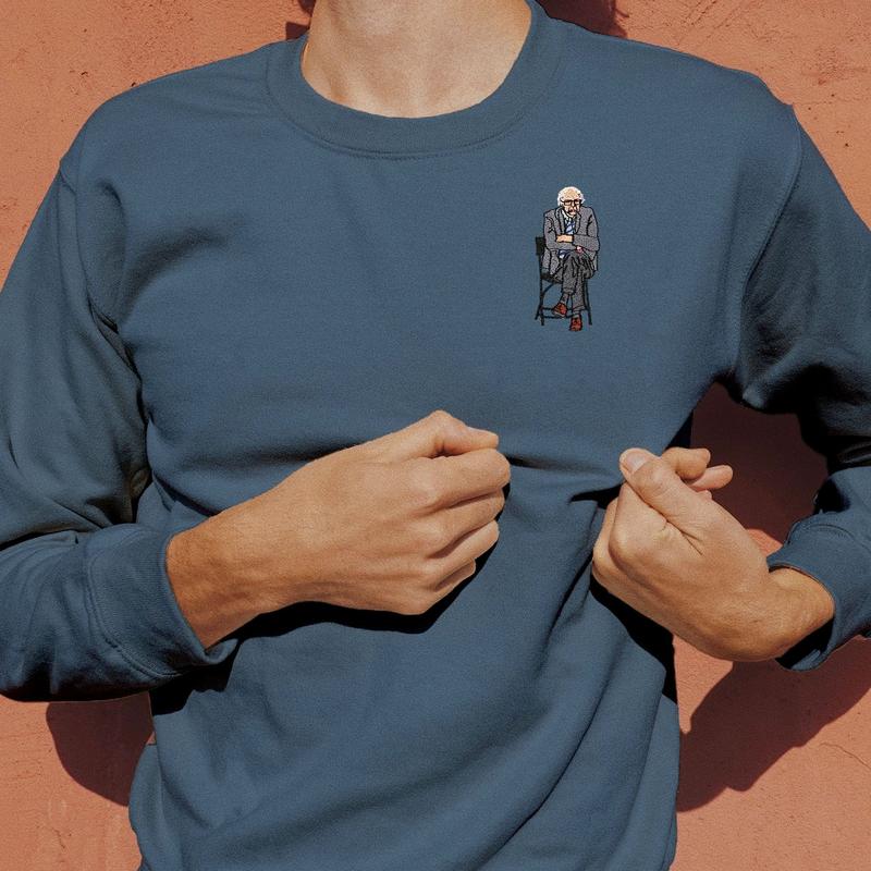 Bernie Sanders Staying Seated Meme Embroidered Crewneck Sweatshirt - Funny Viral Political Apparel