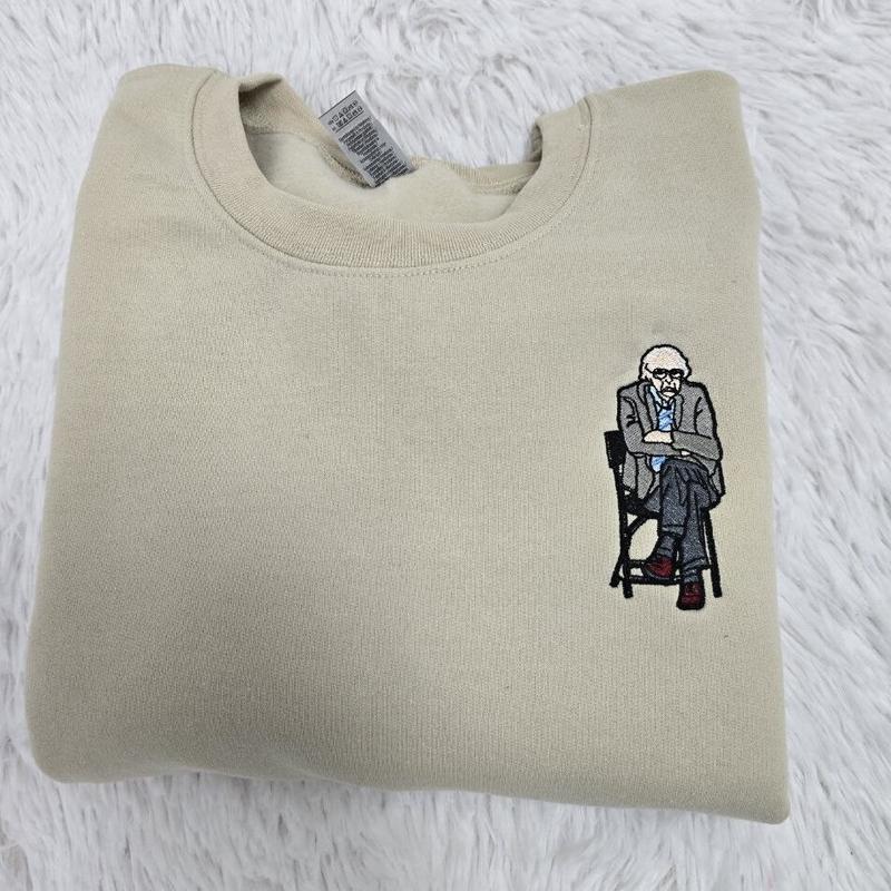 Bernie Sanders Staying Seated Meme Embroidered Crewneck Sweatshirt - Funny Viral Political Apparel