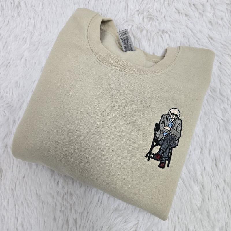 Bernie Sanders Staying Seated Meme Embroidered Crewneck Sweatshirt - Funny Viral Political Apparel