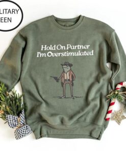 Hold On Partner, I'm Overstimulated Cowboy Frog Sweatshirt - Cute & Funny Animal Apparel