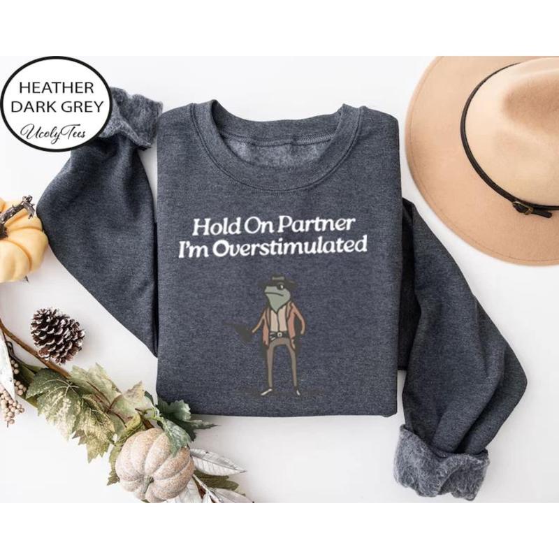 Hold On Partner, I'm Overstimulated Cowboy Frog Sweatshirt - Cute & Funny Animal Apparel