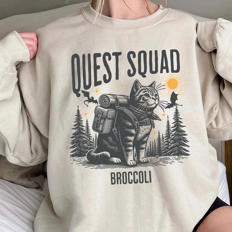 Quest Squad Broccoli Adventure Tee - Whimsical Cat Design
