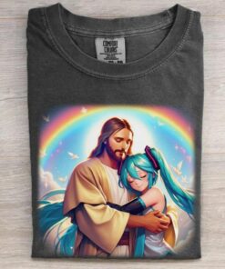 Jesus and Hatsune Miku Embrace Unisex Streetwear Shirt - A Fusion of Faith and Digital Culture