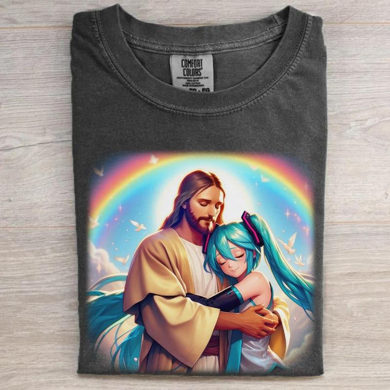 Jesus and Hatsune Miku Embrace Unisex Streetwear Shirt - A Fusion of Faith and Digital Culture