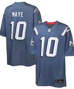 Youth New England Patriots Drake Maye Nike Storm Blue 2025 Rivalries Collection Game Jersey