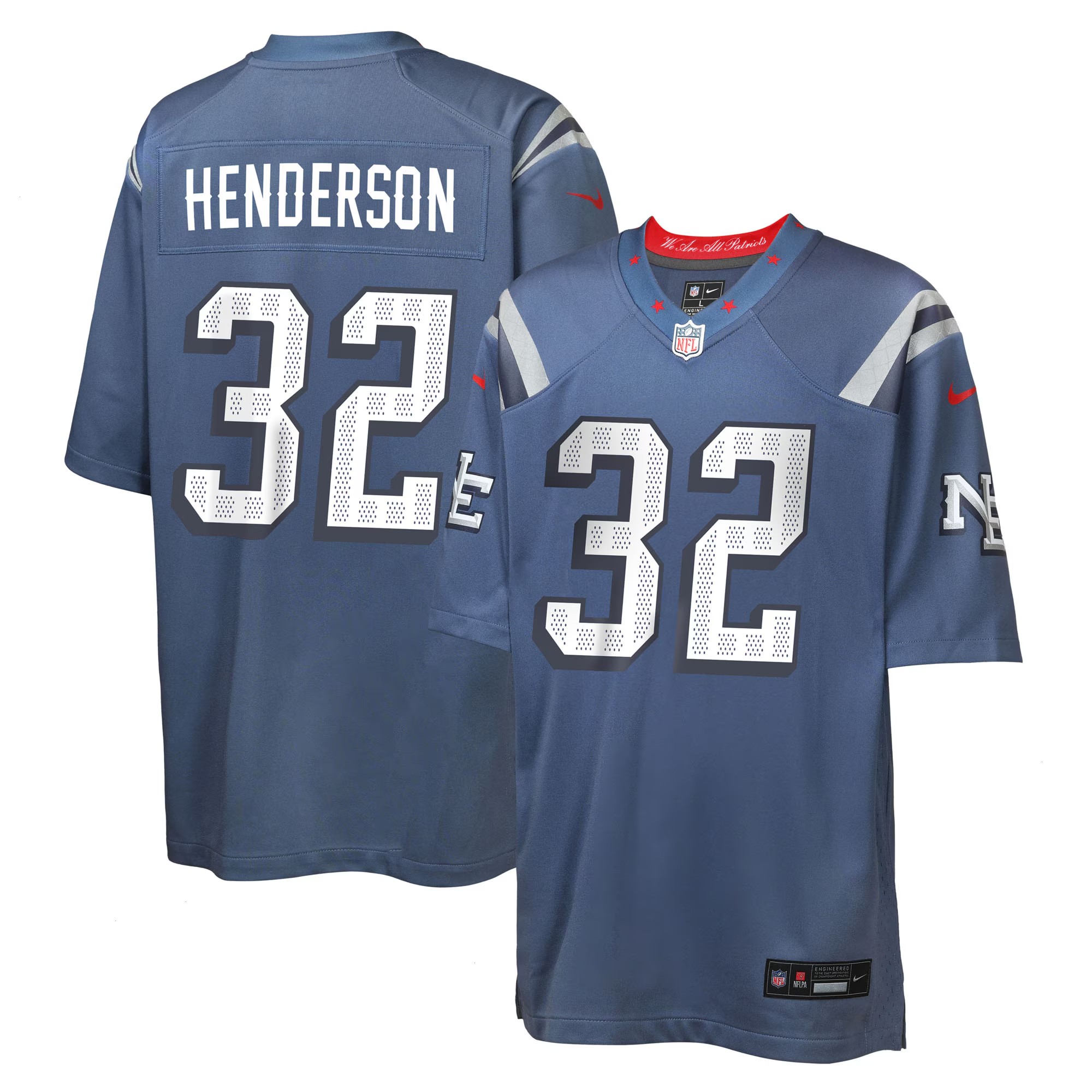 Youth New England Patriots TreVeyon Henderson Nike Storm Blue 2025 Rivalries Collection Game Jersey