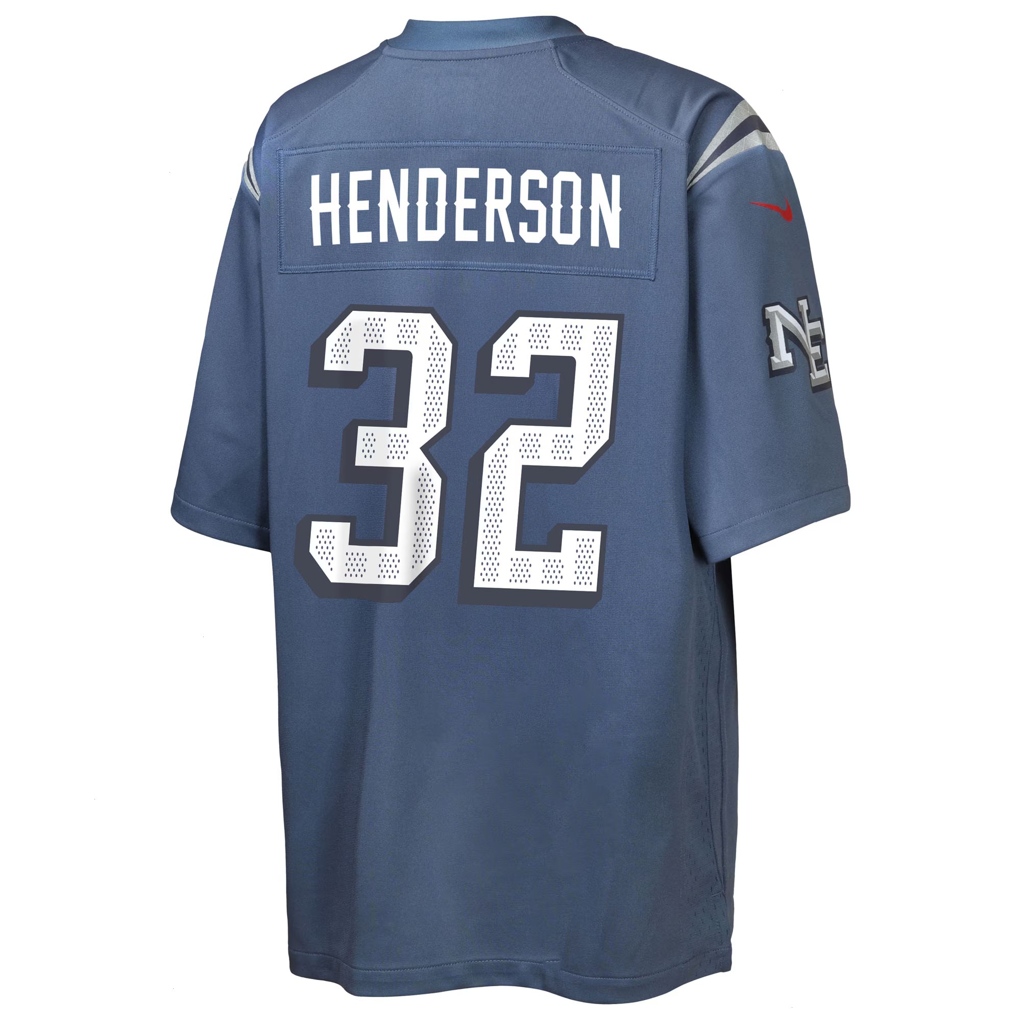 Youth New England Patriots TreVeyon Henderson Nike Storm Blue 2025 Rivalries Collection Game Jersey